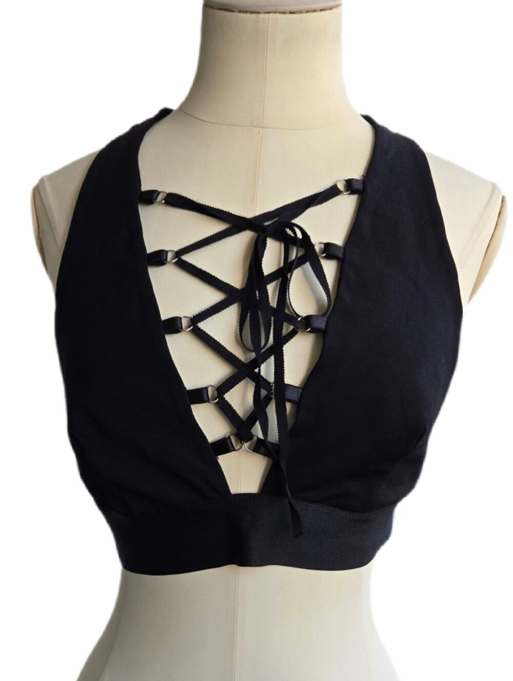 Bebe Black Lace-Up Deep V Crop Top